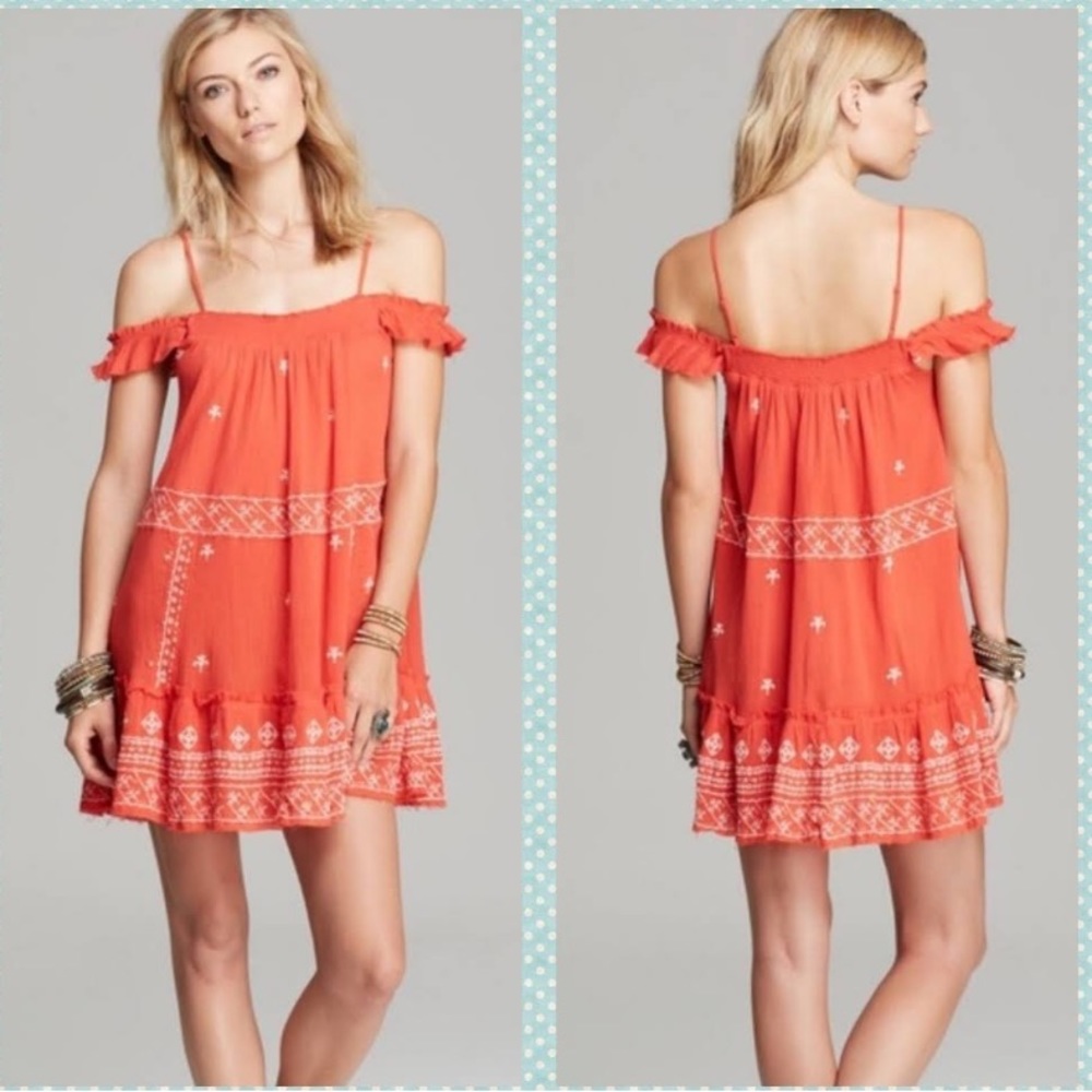 Intimately Free People Ironworks flounce orange boho smocked dress W-736 Sz XS